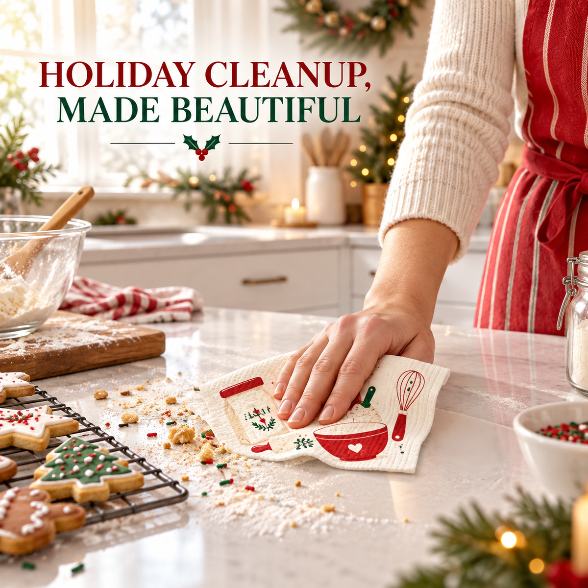 Holiday cellulose cloth used to wipe a kitchen counter