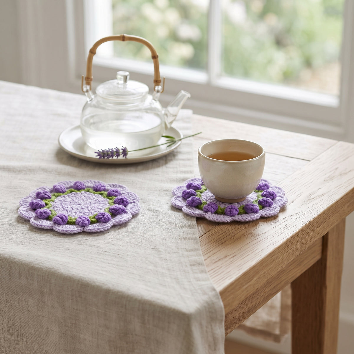 Handcrafted Knitted Purple Tulip Coaster