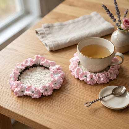 Handcrafted Knitted Carnation Floral Coaster