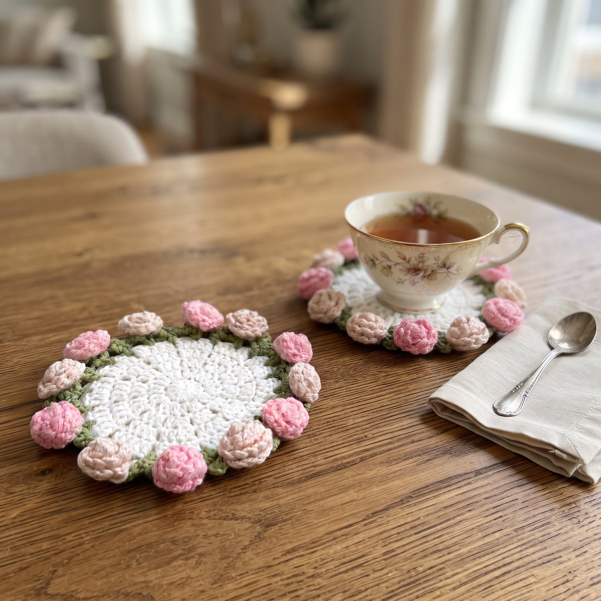 Handcrafted Knitted Rose Coasters