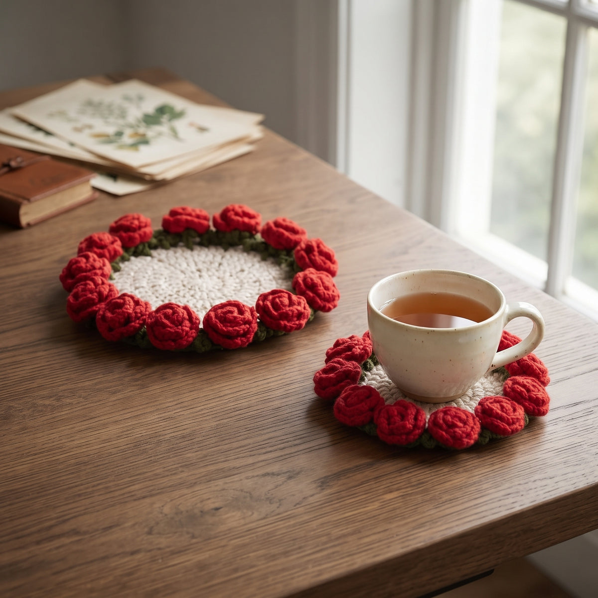 Handcrafted Knitted Rose Coasters